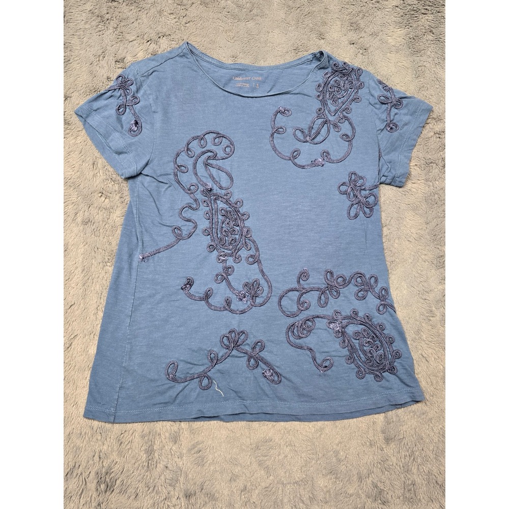 Coldwater Creek Blue‎ Cotton Soutache Embroidered Paisley Short Sleeve Tee Small